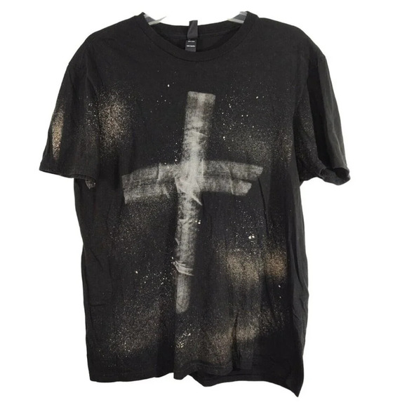 District Black Cross T-Shirt Shirt Bleach Spatter Women Size L Short Sleeve - Picture 1 of 7
